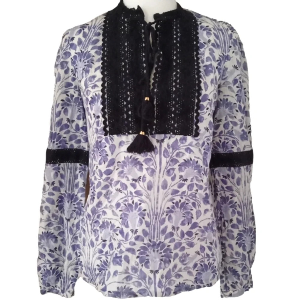 Tory Burch 100% Cotton Boho Grace Lynn Blouse Lace Trim Size 4 - Picture 1 of 7
